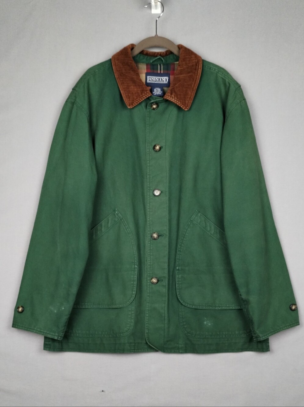 Lands' End Green Barn Jacket Chore Coat with Brown Corduroy Collar